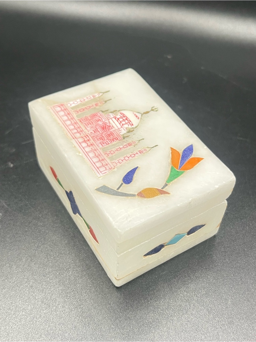 Handcrafted Taj White Inlay Alabaster Trinket Box Colorful Floral Taj Inlay